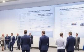 Ein hell erleuchteter, moderner Konferenzraum mit motivierten IT-Professionals in angeregtem Austausch vor großen Leinwänden, die digitale Cloud-Diagramme und Infrastruktur-Visualisierungen in warmem Tageslicht zeigen, und so den dynamischen Strategiewechsel von Broadcom im Cloud-Geschäft authentisch widerspiegeln.