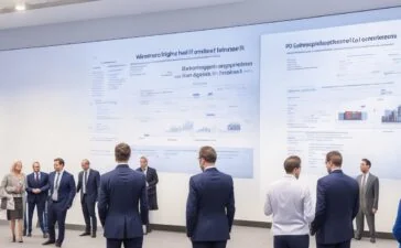 Ein hell erleuchteter, moderner Konferenzraum mit motivierten IT-Professionals in angeregtem Austausch vor großen Leinwänden, die digitale Cloud-Diagramme und Infrastruktur-Visualisierungen in warmem Tageslicht zeigen, und so den dynamischen Strategiewechsel von Broadcom im Cloud-Geschäft authentisch widerspiegeln.