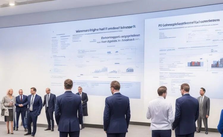 Ein hell erleuchteter, moderner Konferenzraum mit motivierten IT-Professionals in angeregtem Austausch vor großen Leinwänden, die digitale Cloud-Diagramme und Infrastruktur-Visualisierungen in warmem Tageslicht zeigen, und so den dynamischen Strategiewechsel von Broadcom im Cloud-Geschäft authentisch widerspiegeln.