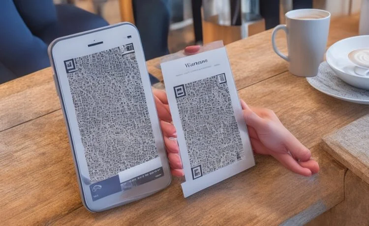 Eine sonnendurchflutete Szene in einem modernen Café zeigt eine vertraute Alltagssituation: Eine freundliche Person scannt aufmerksam mit ihrem Smartphone einen klar erkennbaren QR-Code auf einem stilvollen Holztisch, während warmes Tageslicht durch große Fenster fällt und liebevolle Details wie eine Tasse Kaffee und Pflanzen im Hintergrund eine einladende Atmosphäre schaffen.