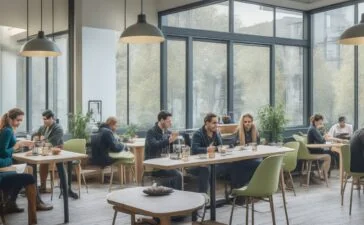 Ein sonnendurchflutetes, modernes Café mit Menschen unterschiedlicher Herkunft, die vertieft und lebhaft an ihren Smartphones und Laptops kommunizieren, während warmes Tageslicht durch große Fenster fällt und eine harmonische Atmosphäre zwischen digitaler Vernetzung und menschlichem Miteinander schafft.