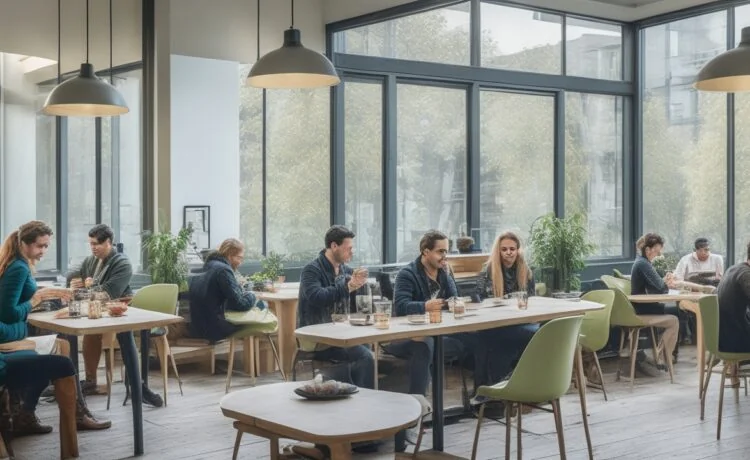Ein sonnendurchflutetes, modernes Café mit Menschen unterschiedlicher Herkunft, die vertieft und lebhaft an ihren Smartphones und Laptops kommunizieren, während warmes Tageslicht durch große Fenster fällt und eine harmonische Atmosphäre zwischen digitaler Vernetzung und menschlichem Miteinander schafft.