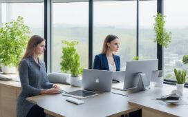Eine helle, lebendige Szene in einem modernen Büro, in der eine junge Frau mit einem warmen, fokussierten Lächeln am Laptop sitzt und sorgsam ihre Online-Sicherheit überprüft, während natürliche Sonnenstrahlen durch das Fenster fallen und ein Gefühl von Vertrauen und digitaler Vorsicht erzeugen.