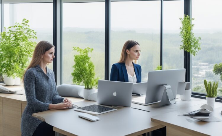 Eine helle, lebendige Szene in einem modernen Büro, in der eine junge Frau mit einem warmen, fokussierten Lächeln am Laptop sitzt und sorgsam ihre Online-Sicherheit überprüft, während natürliche Sonnenstrahlen durch das Fenster fallen und ein Gefühl von Vertrauen und digitaler Vorsicht erzeugen.