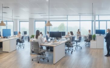 Ein modernes, lichtdurchflutetes Büro mit freundlichen Menschen verschiedener Altersgruppen, die entspannt und konzentriert mithilfe von Smartphones und Laptops eine sichere Zwei-Faktor-Authentifizierung durchführen, während warmes Tageslicht das helle, aufgeräumte Ambiente durchflutet und eine Atmosphäre von Vertrauen und digitaler Sicherheit vermittelt.