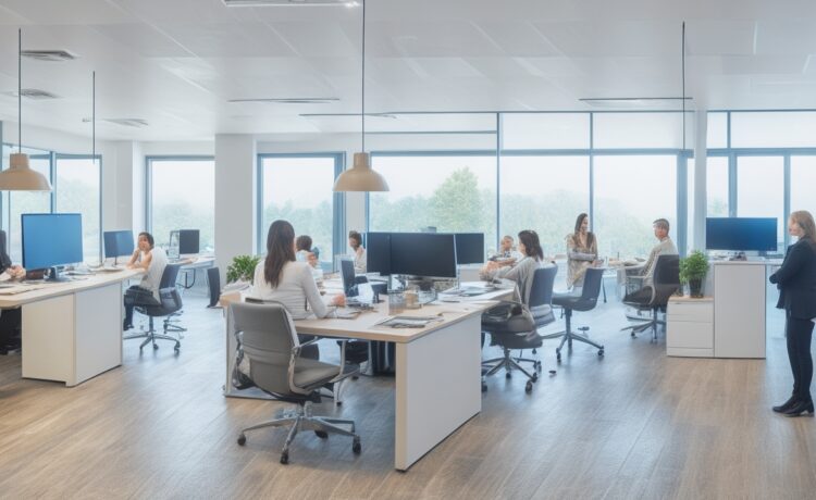 Ein modernes, lichtdurchflutetes Büro mit freundlichen Menschen verschiedener Altersgruppen, die entspannt und konzentriert mithilfe von Smartphones und Laptops eine sichere Zwei-Faktor-Authentifizierung durchführen, während warmes Tageslicht das helle, aufgeräumte Ambiente durchflutet und eine Atmosphäre von Vertrauen und digitaler Sicherheit vermittelt.