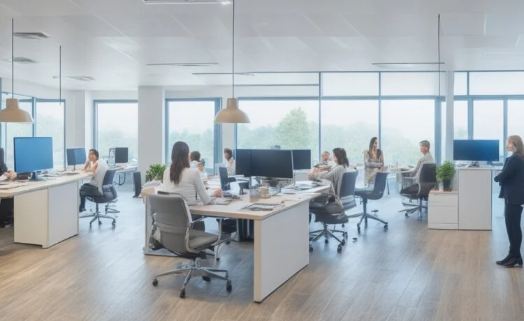 Ein modernes, lichtdurchflutetes Büro mit freundlichen Menschen verschiedener Altersgruppen, die entspannt und konzentriert mithilfe von Smartphones und Laptops eine sichere Zwei-Faktor-Authentifizierung durchführen, während warmes Tageslicht das helle, aufgeräumte Ambiente durchflutet und eine Atmosphäre von Vertrauen und digitaler Sicherheit vermittelt.