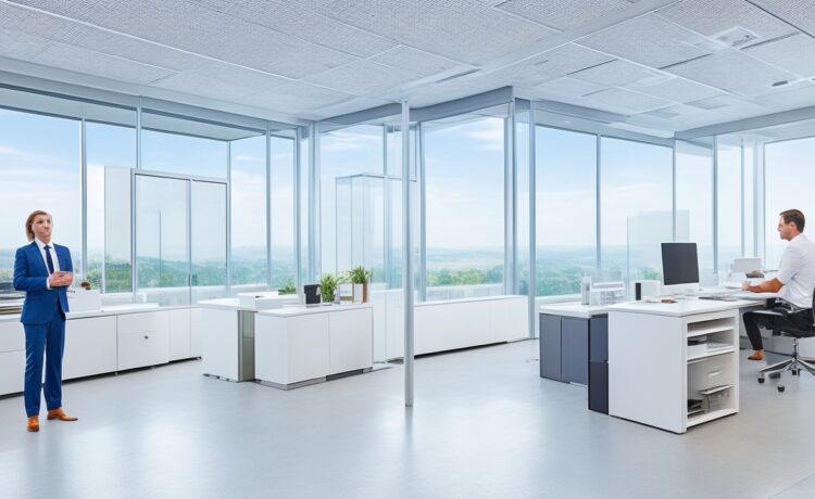 Ein helles, einladendes Büro mit großzügigem Tageslicht, in dem konzentrierte IT-Expert:innen im lebendigen Austausch vor moderner Hard- und Software-Landschaft stehen und so die Balance zwischen eigener Infrastruktur und cloudbasierten Lösungen symbolisieren.