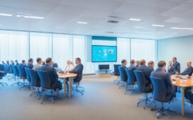 In einem modernen, hell erleuchteten Konferenzraum sitzen technologiebegeisterte Menschen in angeregtem Austausch vor großen Bildschirmen, während warmes Tageslicht durch bodentiefe Fenster fällt und die Zukunft der KI-Agenten im digitalen Zeitalter lebendig spürbar wird.