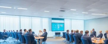 In einem modernen, hell erleuchteten Konferenzraum sitzen technologiebegeisterte Menschen in angeregtem Austausch vor großen Bildschirmen, während warmes Tageslicht durch bodentiefe Fenster fällt und die Zukunft der KI-Agenten im digitalen Zeitalter lebendig spürbar wird.