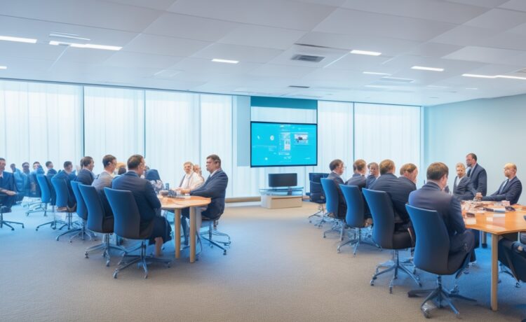 In einem modernen, hell erleuchteten Konferenzraum sitzen technologiebegeisterte Menschen in angeregtem Austausch vor großen Bildschirmen, während warmes Tageslicht durch bodentiefe Fenster fällt und die Zukunft der KI-Agenten im digitalen Zeitalter lebendig spürbar wird.