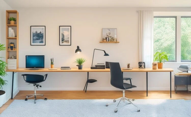 Helle, freundliche Aufnahme eines modernen Home-Office-Arbeitsplatzes mit einem entspannten jungen Menschen, der lächelnd auf ein Smartphone blickt, während natürliches Tageslicht warme Akzente auf minimalistisches Design und digitale Geräte wirft – ein Symbol für die lebensnahe Verbindung von Mensch und sicherer, zukunftsweisender Technologie im digitalen Zeitalter.