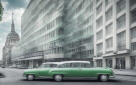 Ein sonnendurchflutetes, modernes Straßenbild mit einem eleganten, futuristischen Elektroauto in sanftem Grün vorbeifahrend, umgeben von urbaner Architektur und freundlichen Passanten, die neugierig und hoffnungsvoll auf die Zukunft des autonomen Fahrens blicken – ein warmer, lebendiger Moment voller Innovationsgeist und Zuversicht.