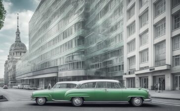Ein sonnendurchflutetes, modernes Straßenbild mit einem eleganten, futuristischen Elektroauto in sanftem Grün vorbeifahrend, umgeben von urbaner Architektur und freundlichen Passanten, die neugierig und hoffnungsvoll auf die Zukunft des autonomen Fahrens blicken – ein warmer, lebendiger Moment voller Innovationsgeist und Zuversicht.