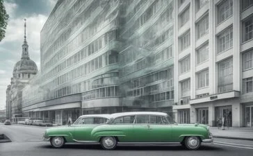 Ein sonnendurchflutetes, modernes Straßenbild mit einem eleganten, futuristischen Elektroauto in sanftem Grün vorbeifahrend, umgeben von urbaner Architektur und freundlichen Passanten, die neugierig und hoffnungsvoll auf die Zukunft des autonomen Fahrens blicken – ein warmer, lebendiger Moment voller Innovationsgeist und Zuversicht.