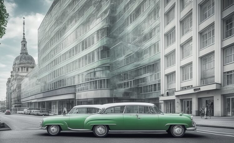 Ein sonnendurchflutetes, modernes Straßenbild mit einem eleganten, futuristischen Elektroauto in sanftem Grün vorbeifahrend, umgeben von urbaner Architektur und freundlichen Passanten, die neugierig und hoffnungsvoll auf die Zukunft des autonomen Fahrens blicken – ein warmer, lebendiger Moment voller Innovationsgeist und Zuversicht.