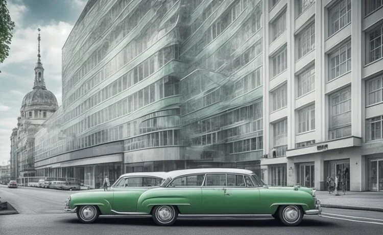 Ein sonnendurchflutetes, modernes Straßenbild mit einem eleganten, futuristischen Elektroauto in sanftem Grün vorbeifahrend, umgeben von urbaner Architektur und freundlichen Passanten, die neugierig und hoffnungsvoll auf die Zukunft des autonomen Fahrens blicken – ein warmer, lebendiger Moment voller Innovationsgeist und Zuversicht.
