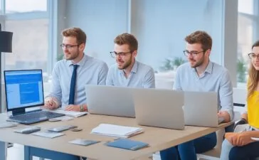 Ein warmes, lichtdurchflutetes Büro mit einem jungen Entwicklerteam in moderner, offener Arbeitsumgebung, das konzentriert und motiviert gemeinsam an Laptops und Bildschirmen arbeitet, um die Zukunft innovativer Webtechnologien zu gestalten.