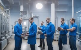 In einem hell erleuchteten, modernen Industriegebäude arbeitet ein motiviertes Team von Fachkräften konzentriert an der Produktion von Glasfaserkabeln, umgeben von hochpräzisen Maschinen und warmem Tageslicht, das Optimismus und technische Zukunftskraft ausstrahlt.