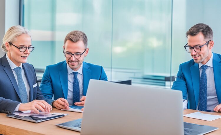 Helle, freundliche Büroszene mit mehreren konzentrierten Fachleuten in moderner Geschäftskleidung, die lebhaft an digitalen Geräten arbeiten und gemeinsam Strategien zur IT-Sicherheit und Compliance im Finanzsektor besprechen, eingefangen in warmem, natürlichem Licht mit realistischen Details und einem klaren, einladenden Ambiente.