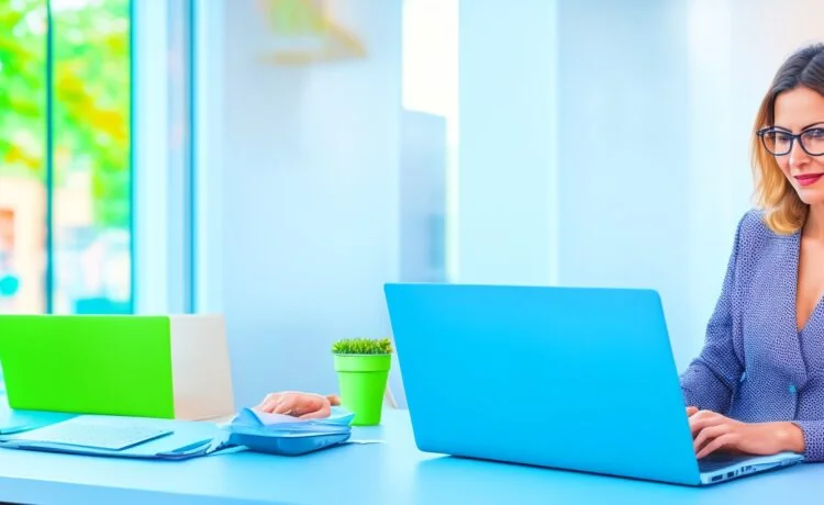 Eine warme, helle Büroaufnahme zeigt eine konzentrierte junge Frau vor einem Laptop mit geöffnetem E-Mail-Postfach, umgeben von natürlichem Tageslicht und modernen Details, die digitale Sicherheit und Wachsamkeit im Alltag einfühlsam vermitteln.
