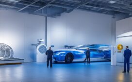 In einem hell erleuchteten, modernen Rechenzentrum steht ein freundliches Team aus Ingenieur:innen vor glänzenden Notstromaggregaten von Rolls-Royce, während sanftes Tageslicht durch große Fenster fällt und die Verbindung nachhaltiger E-Fuel-Technologie von Ineratec mit innovativer Ingenieurskunst strahlend und zukunftsweisend ins Bild rückt.
