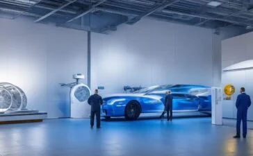 In einem hell erleuchteten, modernen Rechenzentrum steht ein freundliches Team aus Ingenieur:innen vor glänzenden Notstromaggregaten von Rolls-Royce, während sanftes Tageslicht durch große Fenster fällt und die Verbindung nachhaltiger E-Fuel-Technologie von Ineratec mit innovativer Ingenieurskunst strahlend und zukunftsweisend ins Bild rückt.
