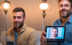 Ein warm beleuchtetes, authentisches Porträt einer entspannten Ärztin in moderner Praxis, die mit einem freundlichen Lächeln ein Tablet mit einer digitalen Rezept-App zeigt, umgeben von natürlichem Tageslicht und medizinischer Ausstattung, das Hoffnung und den Wunsch nach einer funktionierenden Digitalisierung im Gesundheitswesen verkörpert.