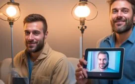 Ein warm beleuchtetes, authentisches Porträt einer entspannten Ärztin in moderner Praxis, die mit einem freundlichen Lächeln ein Tablet mit einer digitalen Rezept-App zeigt, umgeben von natürlichem Tageslicht und medizinischer Ausstattung, das Hoffnung und den Wunsch nach einer funktionierenden Digitalisierung im Gesundheitswesen verkörpert.