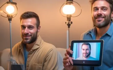 Ein warm beleuchtetes, authentisches Porträt einer entspannten Ärztin in moderner Praxis, die mit einem freundlichen Lächeln ein Tablet mit einer digitalen Rezept-App zeigt, umgeben von natürlichem Tageslicht und medizinischer Ausstattung, das Hoffnung und den Wunsch nach einer funktionierenden Digitalisierung im Gesundheitswesen verkörpert.