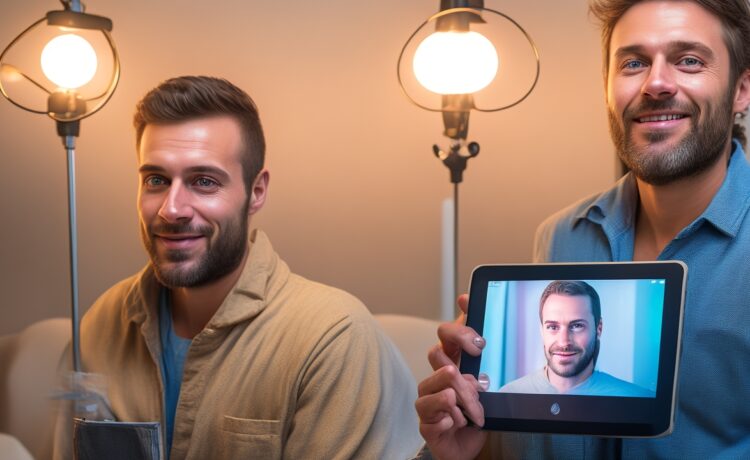 Ein warm beleuchtetes, authentisches Porträt einer entspannten Ärztin in moderner Praxis, die mit einem freundlichen Lächeln ein Tablet mit einer digitalen Rezept-App zeigt, umgeben von natürlichem Tageslicht und medizinischer Ausstattung, das Hoffnung und den Wunsch nach einer funktionierenden Digitalisierung im Gesundheitswesen verkörpert.