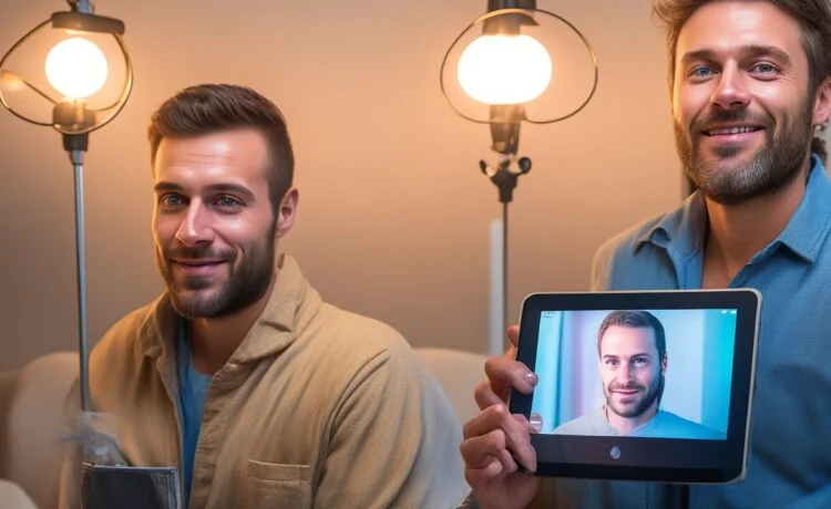 Ein warm beleuchtetes, authentisches Porträt einer entspannten Ärztin in moderner Praxis, die mit einem freundlichen Lächeln ein Tablet mit einer digitalen Rezept-App zeigt, umgeben von natürlichem Tageslicht und medizinischer Ausstattung, das Hoffnung und den Wunsch nach einer funktionierenden Digitalisierung im Gesundheitswesen verkörpert.