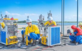 Ein sonnendurchflutetes Labor mit konzentrierten Forschern, die an modernen Batterie-Zellen arbeiten, während die warmen, natürlichen Lichtstrahlen die hochentwickelte Sensorik und die fein strukturierten Elektroden der Energietechnik lebendig hervorheben und eine Atmosphäre von Innovation, Sicherheit und nachhaltiger Zukunft schaffen.