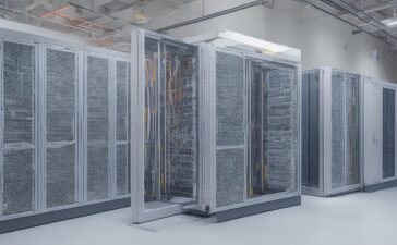 Ein modernes, hell erleuchtetes Serverraum-Interieur mit sanftem Tageslicht, in dem IT-Experten konzentriert und freundlich an hochentwickelter Hardware arbeiten, umgeben von kühlen Metallracks und Kabelbündeln, die strategische Flexibilität und innovative Digitalisierung in warmen, natürlichen Farben widerspiegeln.