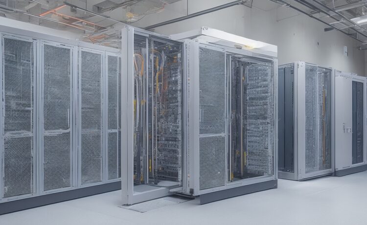 Ein modernes, hell erleuchtetes Serverraum-Interieur mit sanftem Tageslicht, in dem IT-Experten konzentriert und freundlich an hochentwickelter Hardware arbeiten, umgeben von kühlen Metallracks und Kabelbündeln, die strategische Flexibilität und innovative Digitalisierung in warmen, natürlichen Farben widerspiegeln.