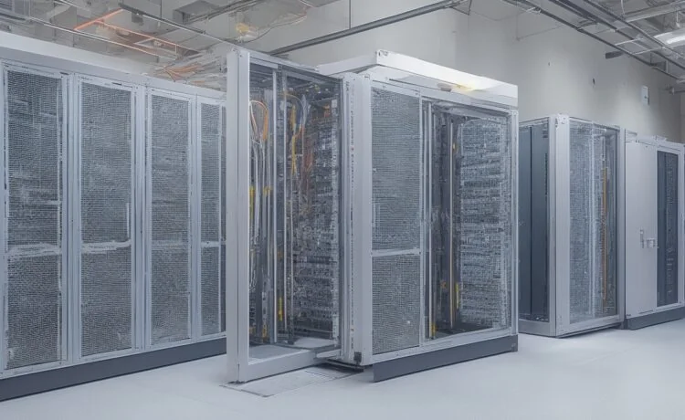 Ein modernes, hell erleuchtetes Serverraum-Interieur mit sanftem Tageslicht, in dem IT-Experten konzentriert und freundlich an hochentwickelter Hardware arbeiten, umgeben von kühlen Metallracks und Kabelbündeln, die strategische Flexibilität und innovative Digitalisierung in warmen, natürlichen Farben widerspiegeln.