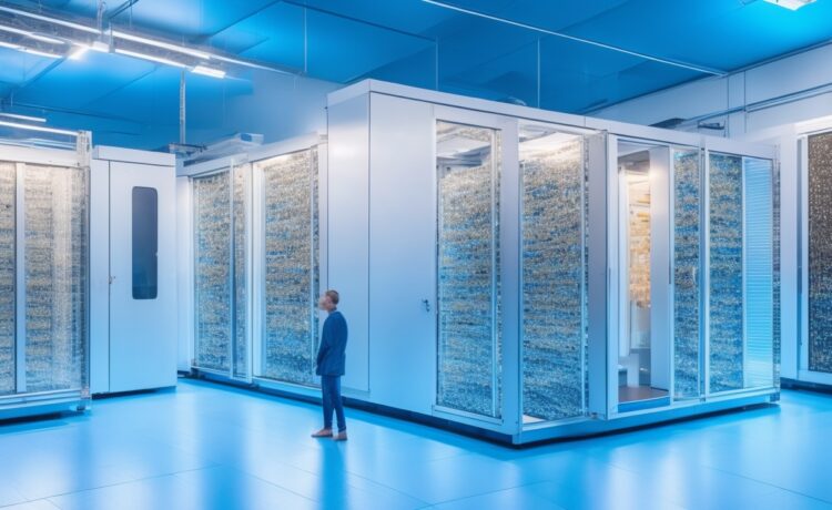In einem modernen, hell erleuchteten Laborraum arbeitet ein engagiertes Forscherteam konzentriert an einem hochmodernen, neuronalen Supercomputer mit geöffneten Gehäusen und sichtbaren Platinen, während warme Sonnenstrahlen durch große Fenster strömen und eine Atmosphäre aus Innovation, Hoffnung und europäischem Fortschritt in der medizinischen Forschung schaffen.