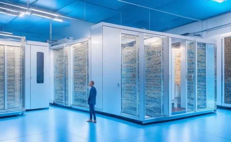 In einem modernen, hell erleuchteten Laborraum arbeitet ein engagiertes Forscherteam konzentriert an einem hochmodernen, neuronalen Supercomputer mit geöffneten Gehäusen und sichtbaren Platinen, während warme Sonnenstrahlen durch große Fenster strömen und eine Atmosphäre aus Innovation, Hoffnung und europäischem Fortschritt in der medizinischen Forschung schaffen.