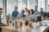 Ein strahlend helles, editorial aufgenommenes Porträt eines kreativen Teams in einem modernen Büro, das mit natürlichem Tageslicht durchflutet wird, während sie konzentriert gemeinsam an digitalen Bildkonzepten arbeiten und dabei eine warme, inspirierende Atmosphäre voller Zusammenarbeit und innovativem Geist vermitteln.