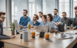 Ein strahlend helles, editorial aufgenommenes Porträt eines kreativen Teams in einem modernen Büro, das mit natürlichem Tageslicht durchflutet wird, während sie konzentriert gemeinsam an digitalen Bildkonzepten arbeiten und dabei eine warme, inspirierende Atmosphäre voller Zusammenarbeit und innovativem Geist vermitteln.