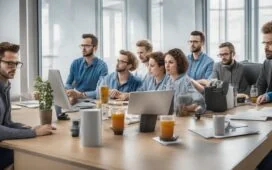 Ein strahlend helles, editorial aufgenommenes Porträt eines kreativen Teams in einem modernen Büro, das mit natürlichem Tageslicht durchflutet wird, während sie konzentriert gemeinsam an digitalen Bildkonzepten arbeiten und dabei eine warme, inspirierende Atmosphäre voller Zusammenarbeit und innovativem Geist vermitteln.