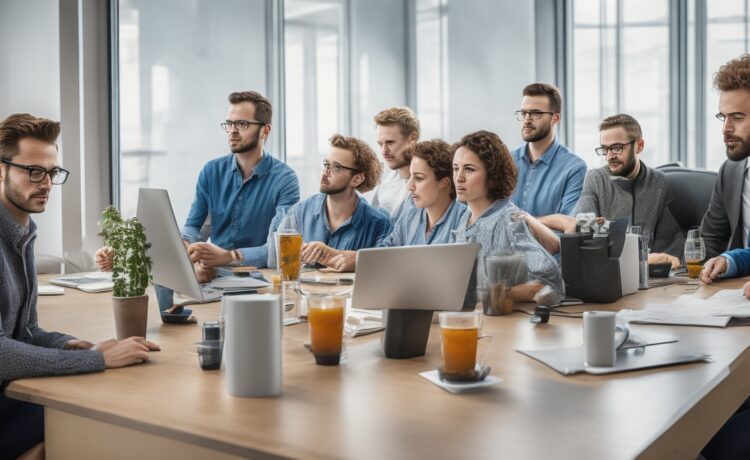 Ein strahlend helles, editorial aufgenommenes Porträt eines kreativen Teams in einem modernen Büro, das mit natürlichem Tageslicht durchflutet wird, während sie konzentriert gemeinsam an digitalen Bildkonzepten arbeiten und dabei eine warme, inspirierende Atmosphäre voller Zusammenarbeit und innovativem Geist vermitteln.