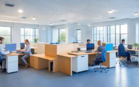 Ein lichtdurchflutetes, modernes Büro mit mehreren engagierten Mitarbeitenden verschiedenen Alters und Geschlechts, die gemeinsam an Laptops und Tablets mit digital unterstützten Arbeitsprozessen konzentriert und freundlich lächelnd eine neue KI-Anwendung ausprobieren, während warmes Tageslicht durch große Fenster fällt und eine produktive, zukunftsorientierte Atmosphäre schafft.