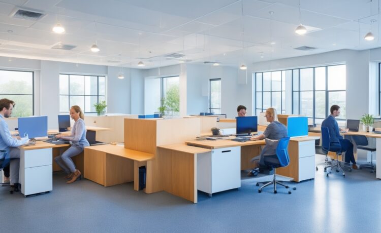 Ein lichtdurchflutetes, modernes Büro mit mehreren engagierten Mitarbeitenden verschiedenen Alters und Geschlechts, die gemeinsam an Laptops und Tablets mit digital unterstützten Arbeitsprozessen konzentriert und freundlich lächelnd eine neue KI-Anwendung ausprobieren, während warmes Tageslicht durch große Fenster fällt und eine produktive, zukunftsorientierte Atmosphäre schafft.
