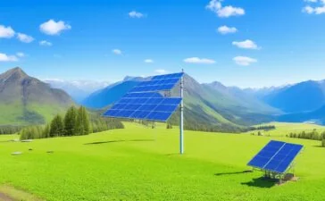 Ein strahlend moderner elektrischer Schwerlastzug fährt bei warmem Sonnenlicht durch eine sanft hügelige Berglandschaft, umgeben von grünen Wiesen und klar blauem Himmel, wobei die realistischen Details des Zuges seine innovative, energieautarke Technologie lebendig und einladend widerspiegeln.