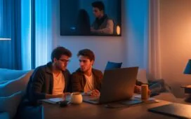 Ein strahlend hell erleuchtetes modernes Studio mit einem lächelnden jungen Menschen, der entspannt vor einem Laptop sitzt und dabei die neue YouTube-Premium-Streamingwelt reflektiert – warme Sonnenstrahlen durchfluten den Raum und verleihen der Szene eine freundliche, einladende Atmosphäre voller digitaler Zukunftshoffnung.