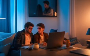 Ein strahlend hell erleuchtetes modernes Studio mit einem lächelnden jungen Menschen, der entspannt vor einem Laptop sitzt und dabei die neue YouTube-Premium-Streamingwelt reflektiert – warme Sonnenstrahlen durchfluten den Raum und verleihen der Szene eine freundliche, einladende Atmosphäre voller digitaler Zukunftshoffnung.