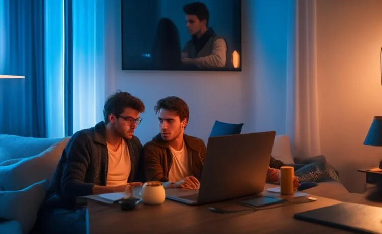 Ein strahlend hell erleuchtetes modernes Studio mit einem lächelnden jungen Menschen, der entspannt vor einem Laptop sitzt und dabei die neue YouTube-Premium-Streamingwelt reflektiert – warme Sonnenstrahlen durchfluten den Raum und verleihen der Szene eine freundliche, einladende Atmosphäre voller digitaler Zukunftshoffnung.