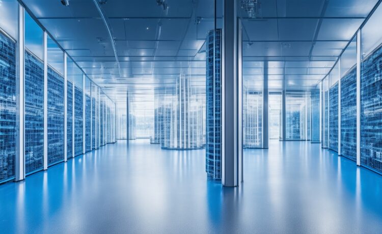 Ein lichtdurchflutetes, modernes IT-Rechenzentrum mit gut gelaunten Fachleuten, die vor transparenten Bildschirmen komplexe Netzwerkdaten analysieren, umgeben von natürlichem Tageslicht und warmen Holztönen, die eine Atmosphäre von Innovation, Nachhaltigkeit und optimierter Energieeffizienz schaffen.