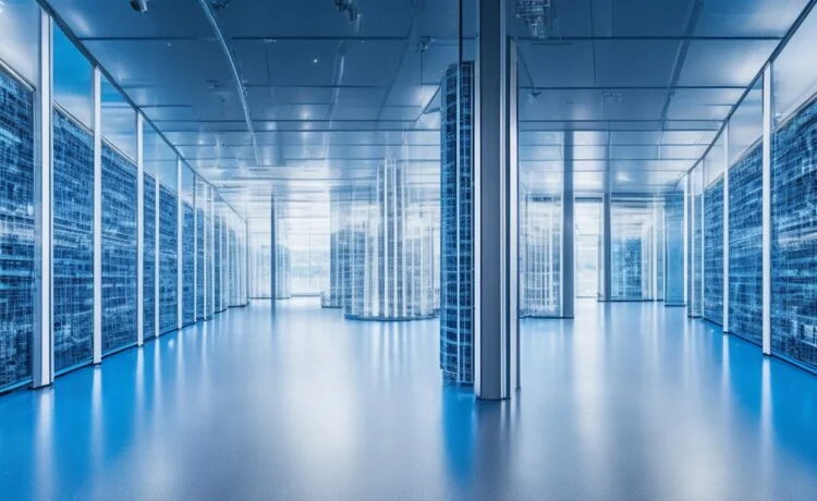 Ein lichtdurchflutetes, modernes IT-Rechenzentrum mit gut gelaunten Fachleuten, die vor transparenten Bildschirmen komplexe Netzwerkdaten analysieren, umgeben von natürlichem Tageslicht und warmen Holztönen, die eine Atmosphäre von Innovation, Nachhaltigkeit und optimierter Energieeffizienz schaffen.